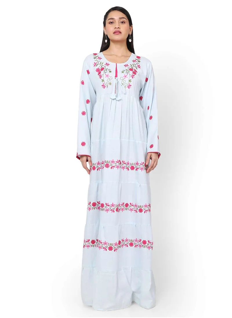 هانا آند سارا FLORAL PRINTED NECK EMBROIDERED VISCOSE LONG ARABIC KAFTAN JALABIYA DRESS