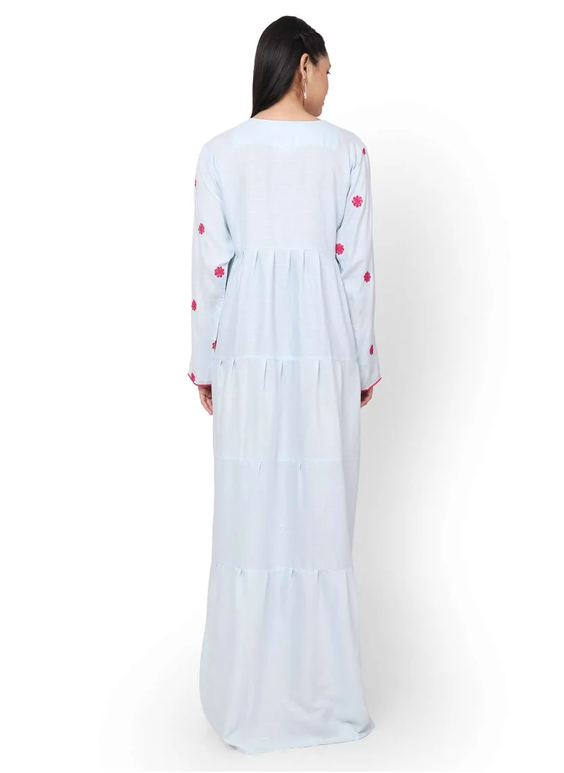 HANA & SARA FLORAL PRINTED NECK EMBROIDERED VISCOSE LONG ARABIC KAFTAN JALABIYA DRESS