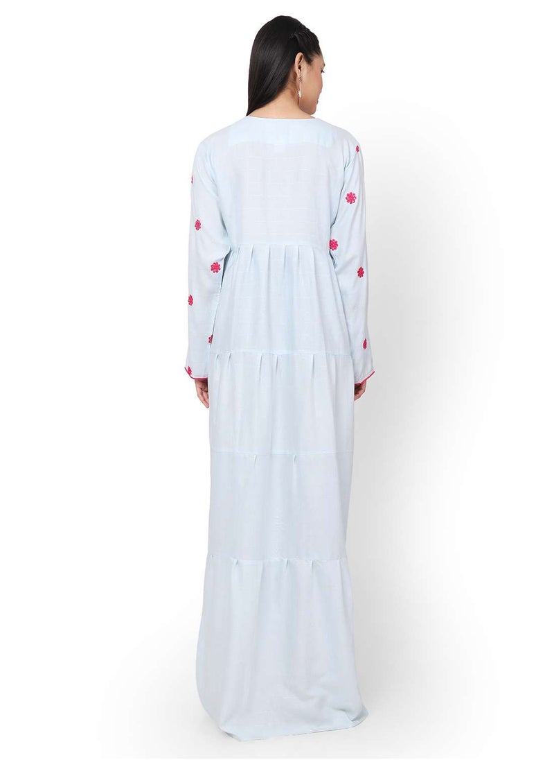 HANA & SARA - FLORAL PRINTED NECK EMBROIDERED VISCOSE LONG ARABIC KAFTAN JALABIYA DRESS - Image 1