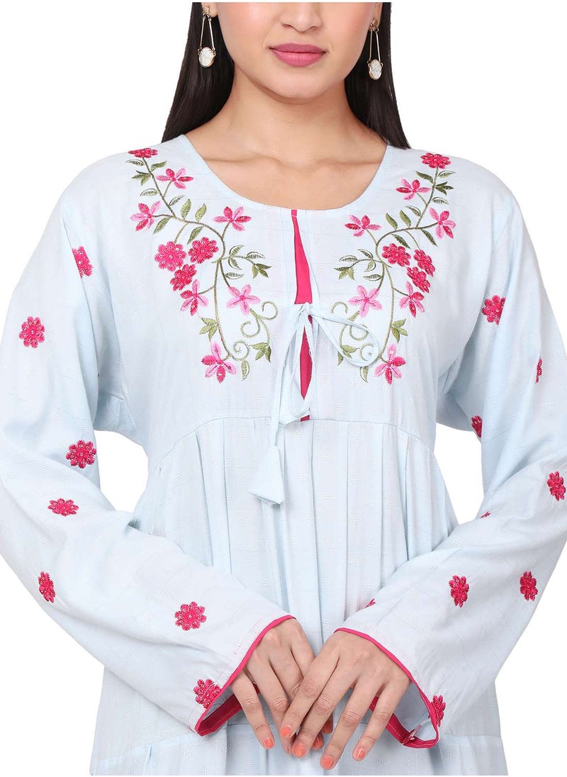 HANA & SARA - FLORAL PRINTED NECK EMBROIDERED VISCOSE LONG ARABIC KAFTAN JALABIYA DRESS - Image 1