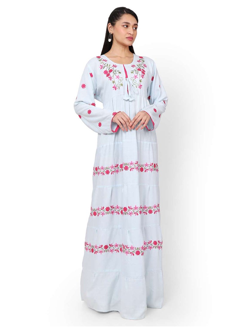 HANA & SARA - FLORAL PRINTED NECK EMBROIDERED VISCOSE LONG ARABIC KAFTAN JALABIYA DRESS - Image 1