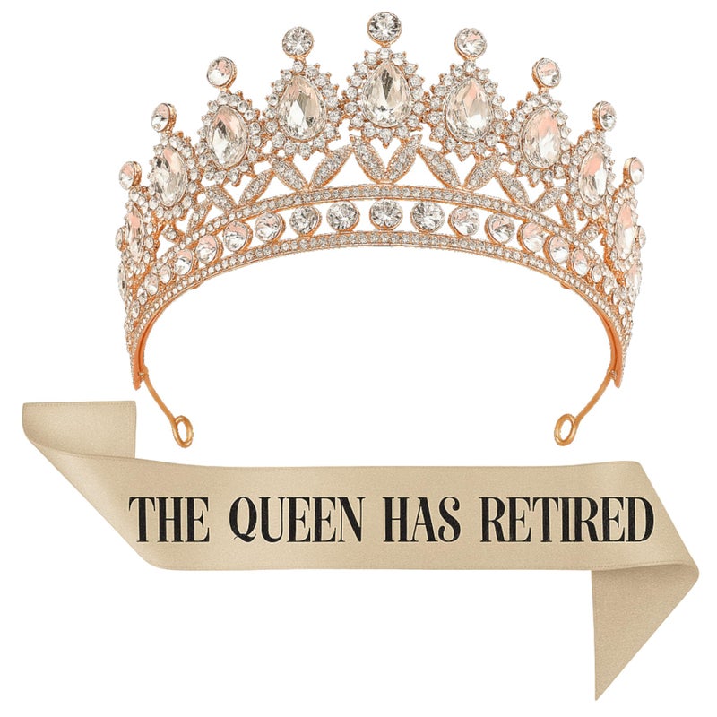 JPACO Retirement Tiara & Sash Set â€“ â€œThe Queen Has Retiredâ€ Crown & Sash for Parties, Events & Celebrations (Gold) - Image 1