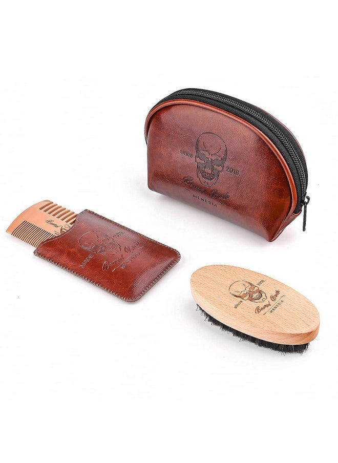 menesia Beard Brush And Comb Set, Boar Bristle Hair Beard Brush Kit With Small Leather Travel Toiletry Bag Case For Men, Men'S Wooden Mustache Comb & Brush 