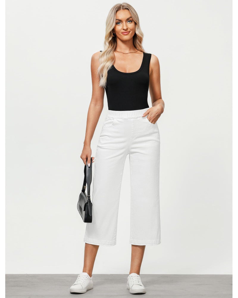 GRAPENT White Jeans Capri Pants High Waisted Capri Jeans Pull on Wide Leg Pants for Women Pull on Capris for Women Stretch Color Cream White X-Large Size 16 to 18 - Image 4