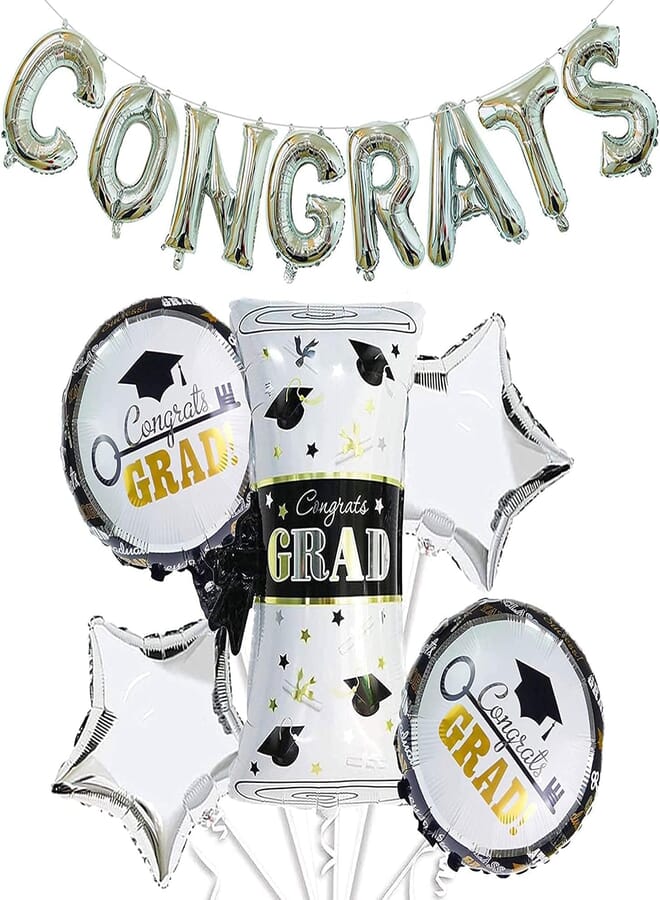 Secret Graduation Balloons Bouquet , Congrats Letter Balloon Banner Class of 2020 Grad Party Supplies Diploma Key Star Grad Cap Balloon Decorations Black White Silver Mylar Foil Graduate Photo Props