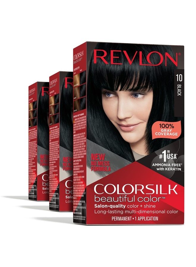 Revlon Permanent Hair Color, Permanent Hair Dye, Colorsilk with 100% Gray Coverage, Ammonia-Free, Keratin and Amino Acids, 10 Black, 4.4 Oz (Pack of 3) - Image 1