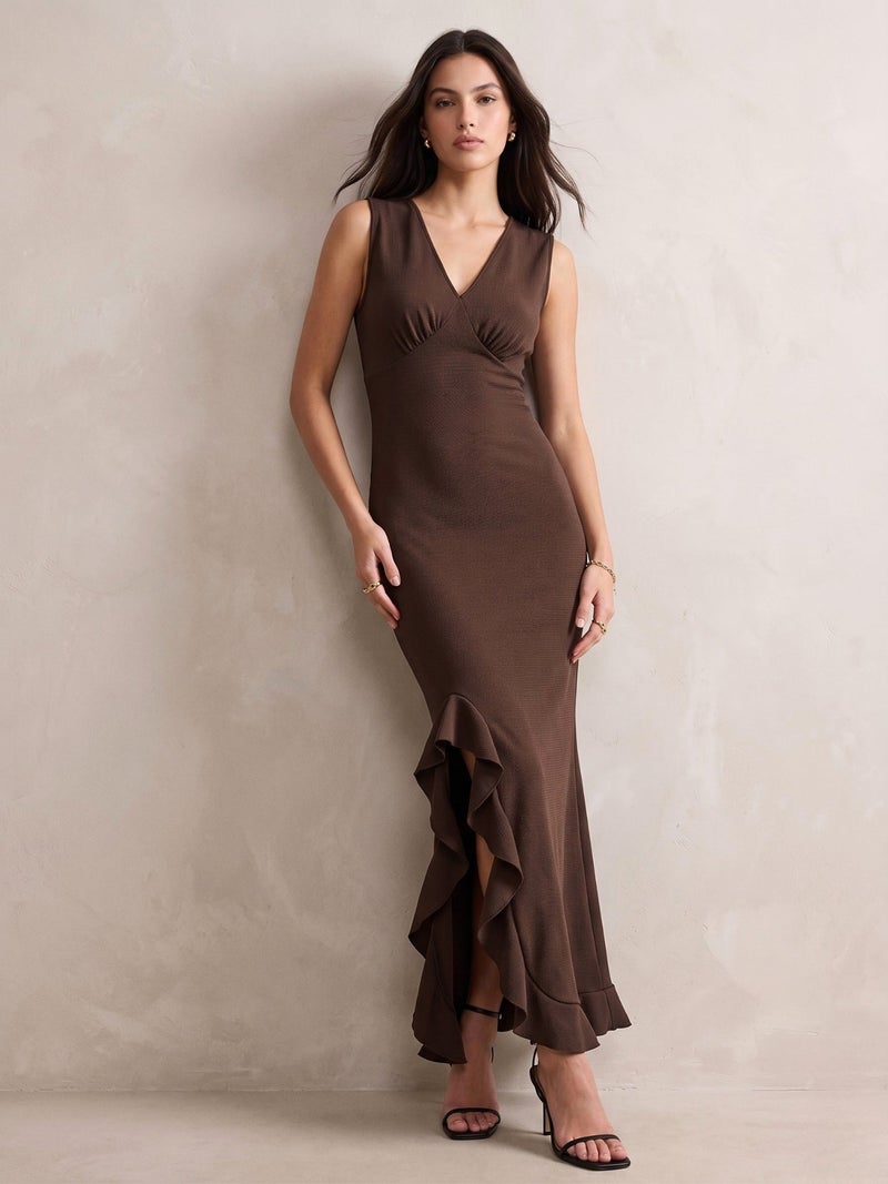 OUTZIDR Brown Textured Asymmetric Hem Maxi Dress - Image 1