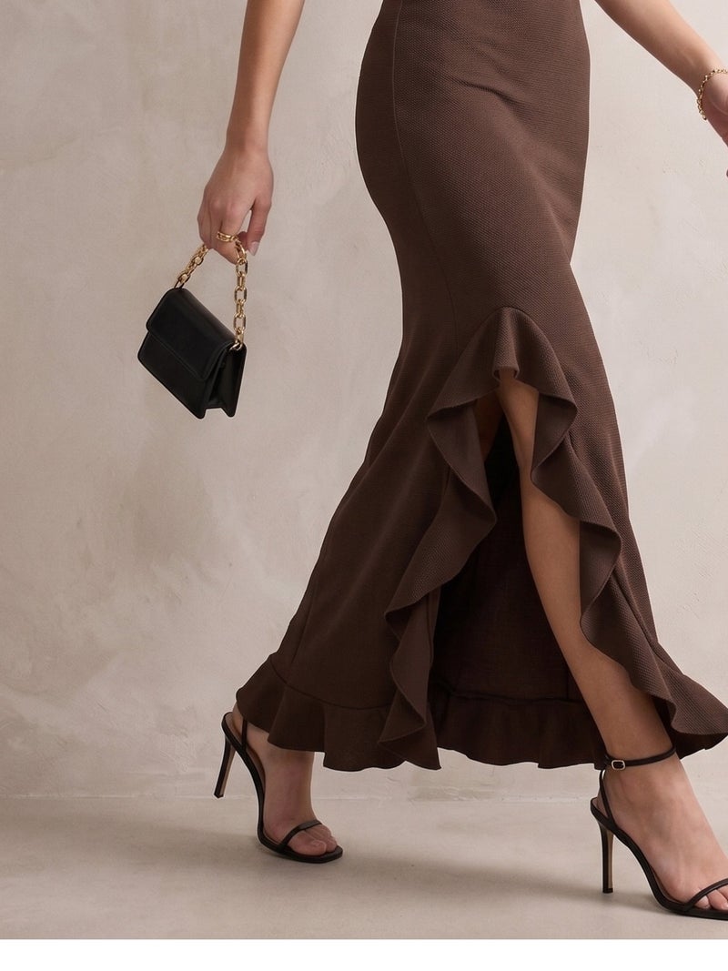 OUTZIDR Brown Textured Asymmetric Hem Maxi Dress - Image 4