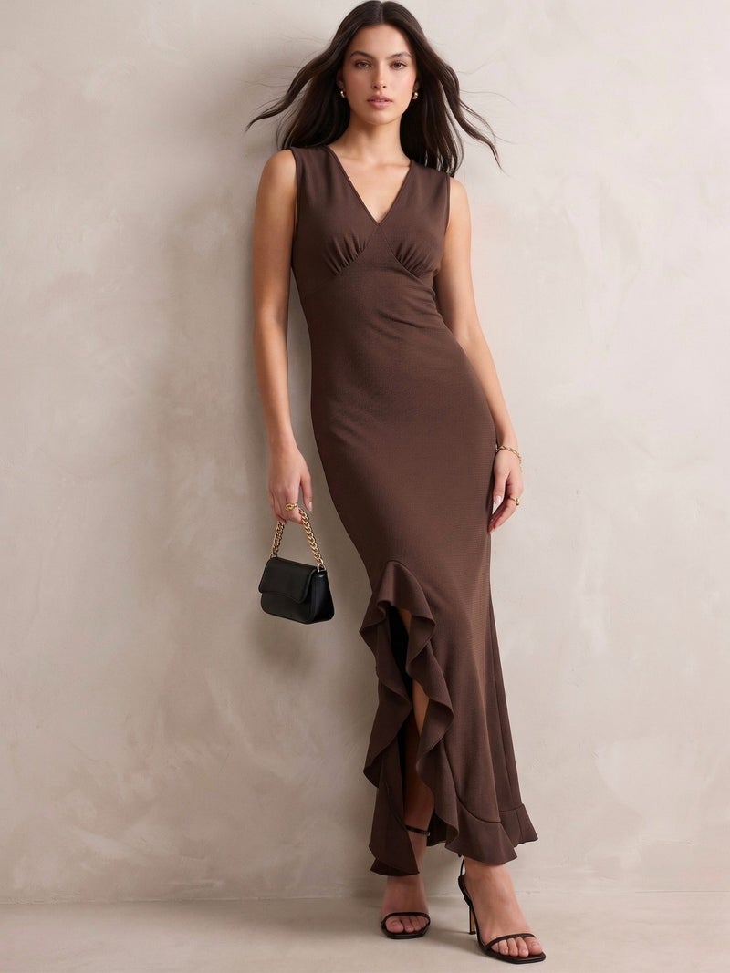 OUTZIDR Brown Textured Asymmetric Hem Maxi Dress - Image 3
