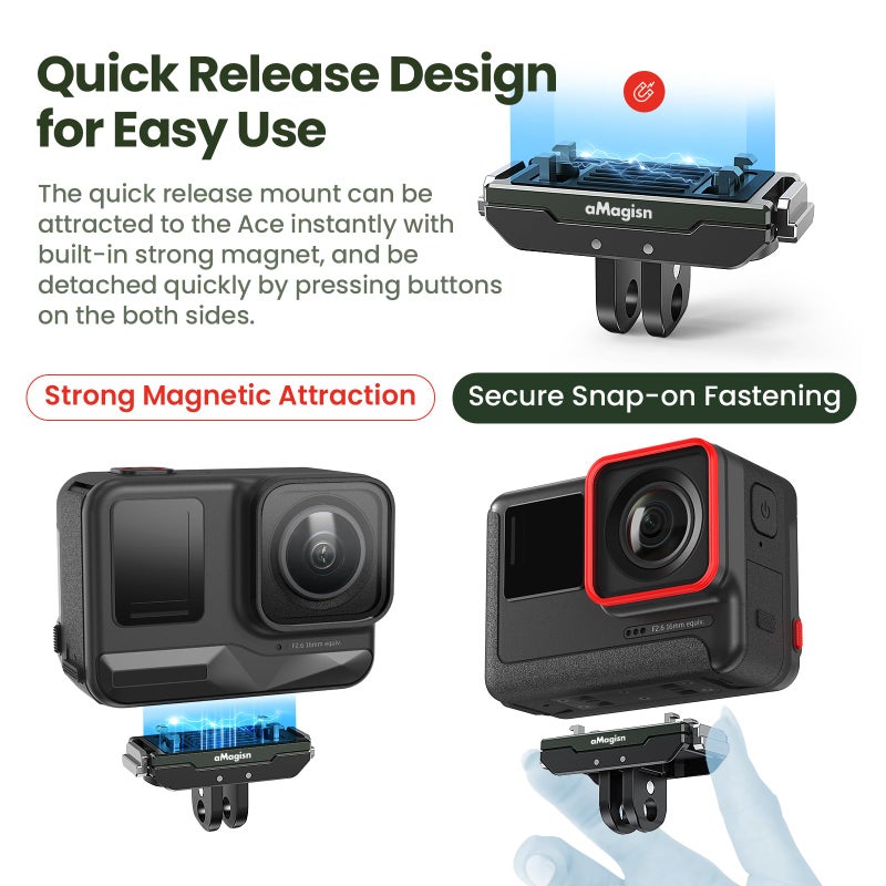 aMagisn Stainless Steel Magnetic Quick Release Mount for Insta360 X6/X5/X4 Air/Ace Pro 2/Ace Pro,Foldable Quick Release Adapter Base with 1/4" Screw & 2-Prong,Anti-Vibration for Cycling Skiing Vlog - Image 3