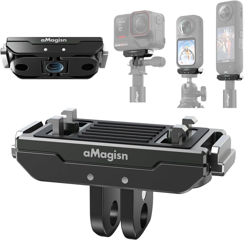 aMagisn Stainless Steel Magnetic Quick Release Mount for Insta360 X6/X5/X4 Air/Ace Pro 2/Ace Pro,Foldable Quick Release Adapter Base with 1/4" Screw & 2-Prong,Anti-Vibration for Cycling Skiing Vlog - Image 1