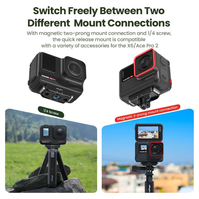 aMagisn Stainless Steel Magnetic Quick Release Mount for Insta360 X6/X5/X4 Air/Ace Pro 2/Ace Pro,Foldable Quick Release Adapter Base with 1/4" Screw & 2-Prong,Anti-Vibration for Cycling Skiing Vlog - Image 2