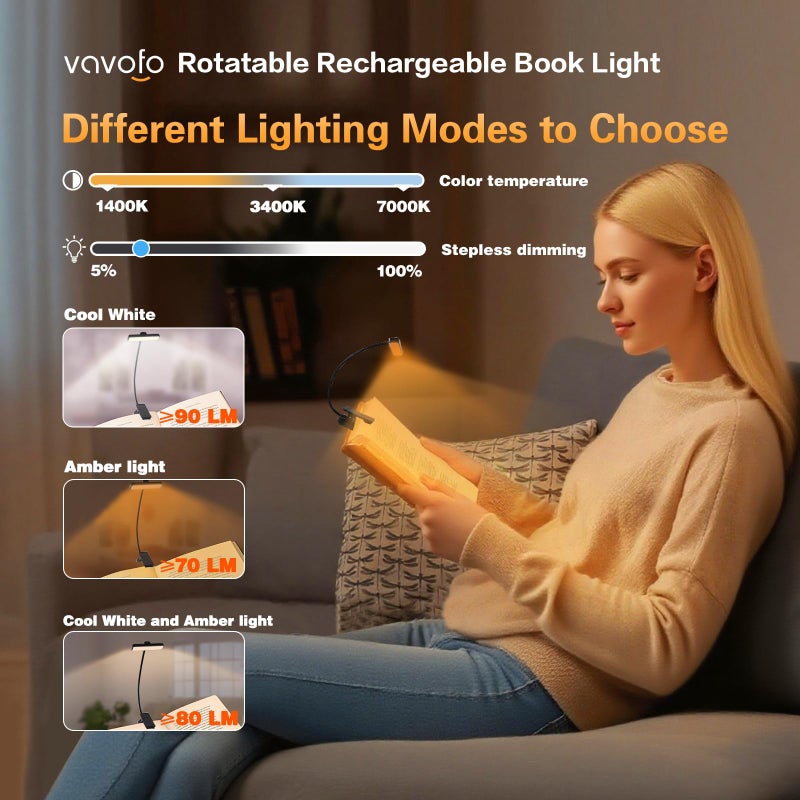 VAVOFO Rechargeable Book Light Rotatableï¼š24 LEDs Reading Light, 3-Color & 9-Brightness Book Lamp, Eye Cared 120Hrs Runtime Lightweight Clip on Led Light for Book Lovers (Black) - Image 4