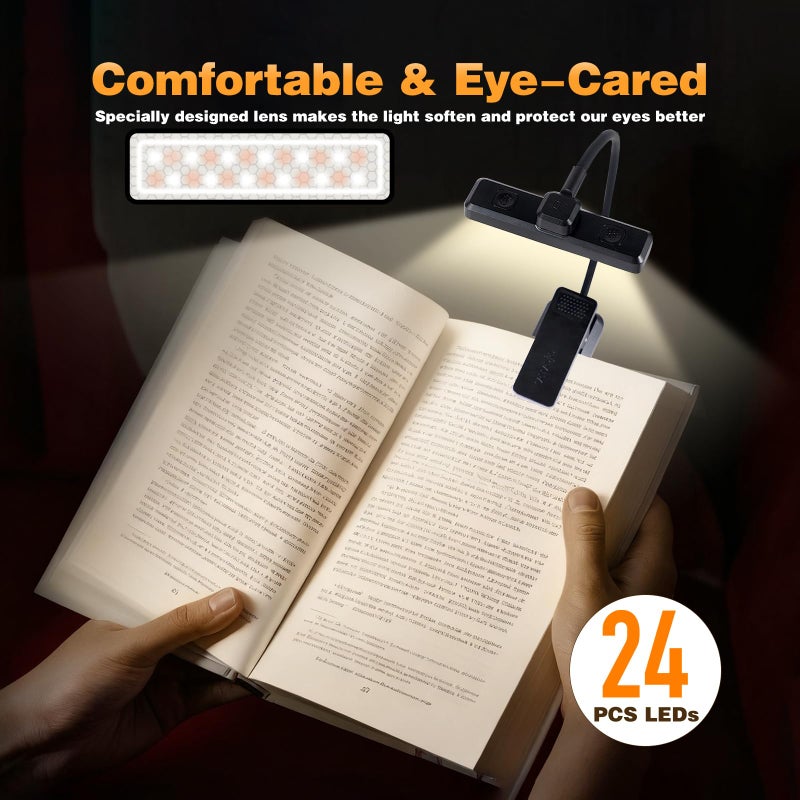 VAVOFO Rechargeable Book Light Rotatableï¼š24 LEDs Reading Light, 3-Color & 9-Brightness Book Lamp, Eye Cared 120Hrs Runtime Lightweight Clip on Led Light for Book Lovers (Black) - Image 3
