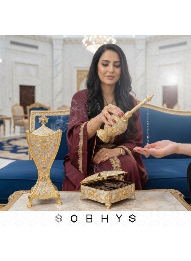 SOBHYS Luxury Arabic Incense Burner and Perfume Set, Royal white and Gold, Zinc Alloy with Enamel, 3-Piece, Mabkhara, Meresh & Box (3, Royal Blue and Gold, Piece, Mabkhara, Meresh and Velvet-Lined Box) - Image 3