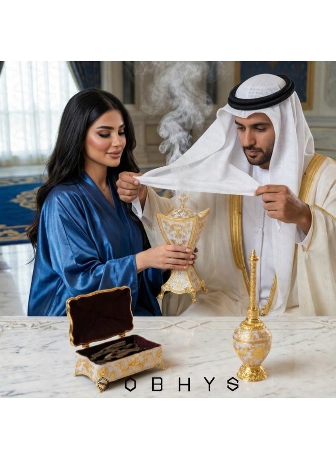 SOBHYS Luxury Arabic Incense Burner and Perfume Set, Royal white and Gold, Zinc Alloy with Enamel, 3-Piece, Mabkhara, Meresh & Box (3, Royal Blue and Gold, Piece, Mabkhara, Meresh and Velvet-Lined Box) - Image 4