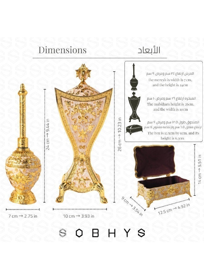 SOBHYS Luxury Arabic Incense Burner and Perfume Set, Royal white and Gold, Zinc Alloy with Enamel, 3-Piece, Mabkhara, Meresh & Box (3, Royal Blue and Gold, Piece, Mabkhara, Meresh and Velvet-Lined Box) - Image 5