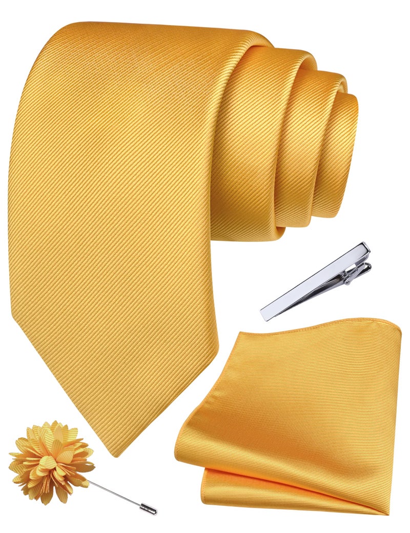 Branduce Mens Gold Tie for Wedding Solid Jacquard Woven Necktie Pocket Square Tie Clip and Lapel Pin Brooch Set (TA15-11) - Image 1