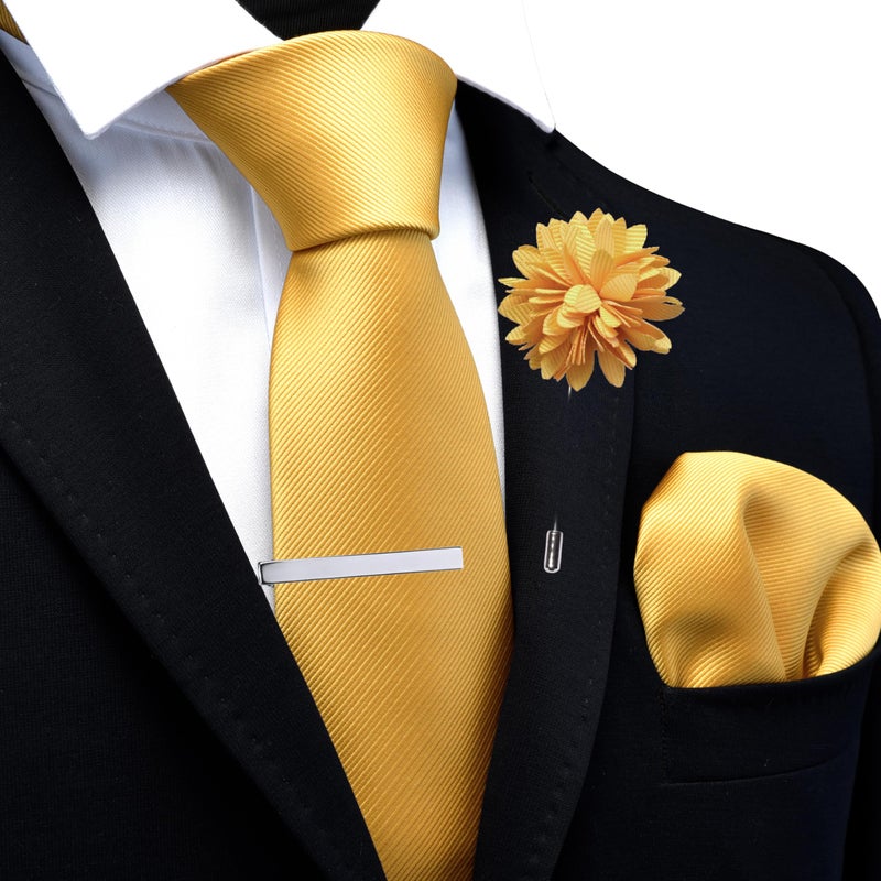 Branduce Mens Gold Tie for Wedding Solid Jacquard Woven Necktie Pocket Square Tie Clip and Lapel Pin Brooch Set (TA15-11) - Image 2