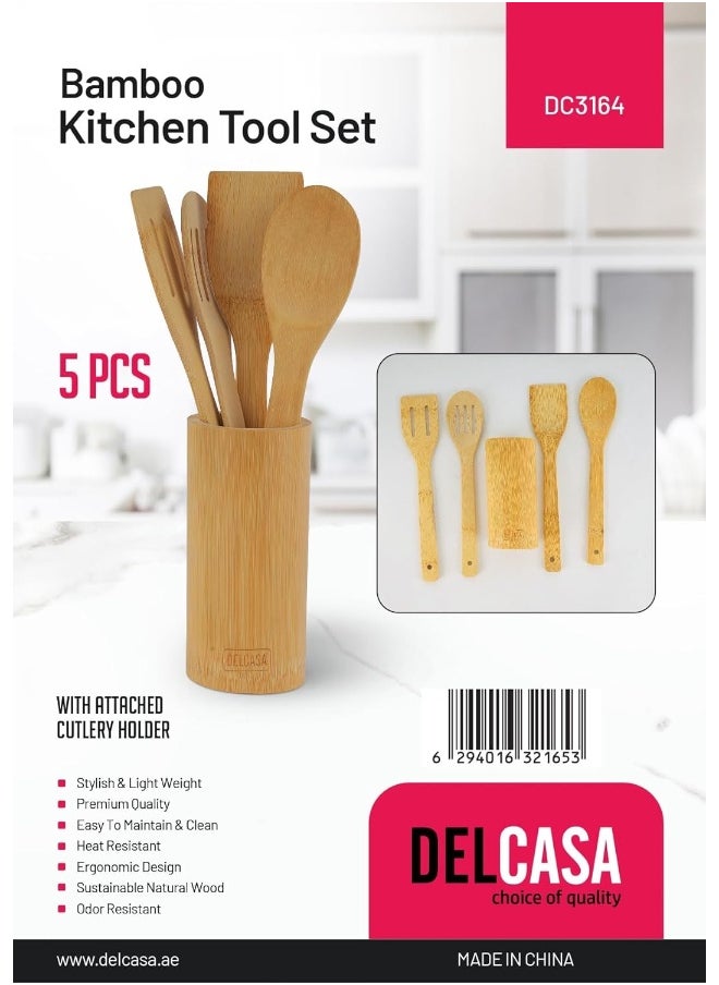 DELCASA Delcasa DC3164 Bamboo Kitchen Tools Set with Stand 5-Piece, Brown  - Image 5