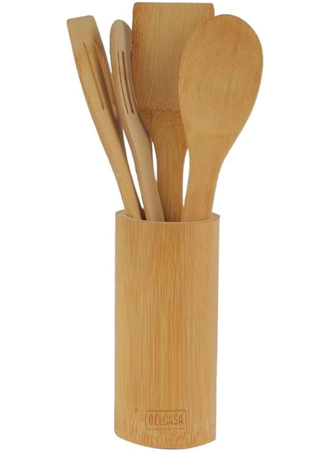 DELCASA Delcasa DC3164 Bamboo Kitchen Tools Set with Stand 5-Piece, Brown  - Image 1