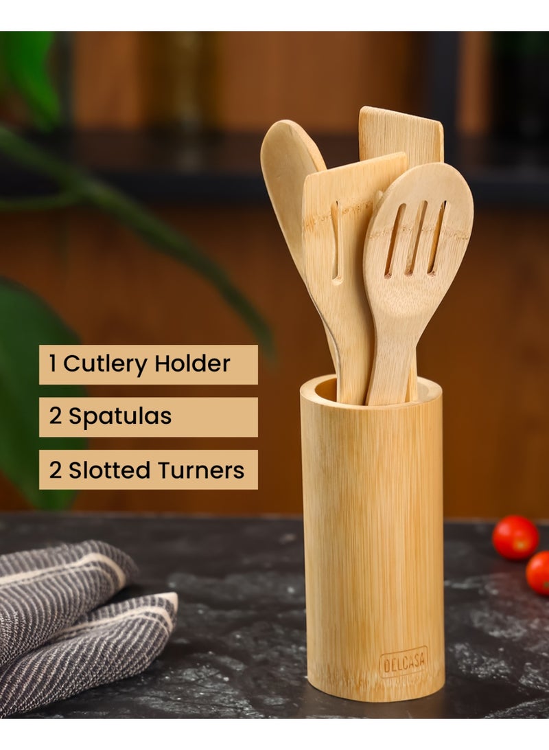 DELCASA مجموعة أدوات المطبخ من ديلكاسا DC3164 من الخيزران مع حامل 5 قطع، بني - Image 2