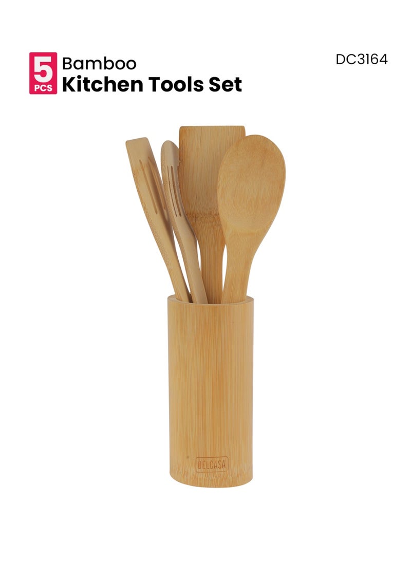 DELCASA مجموعة أدوات المطبخ من ديلكاسا DC3164 من الخيزران مع حامل 5 قطع، بني - Image 3