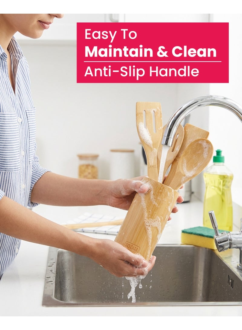 DELCASA مجموعة أدوات المطبخ من ديلكاسا DC3164 من الخيزران مع حامل 5 قطع، بني - Image 5