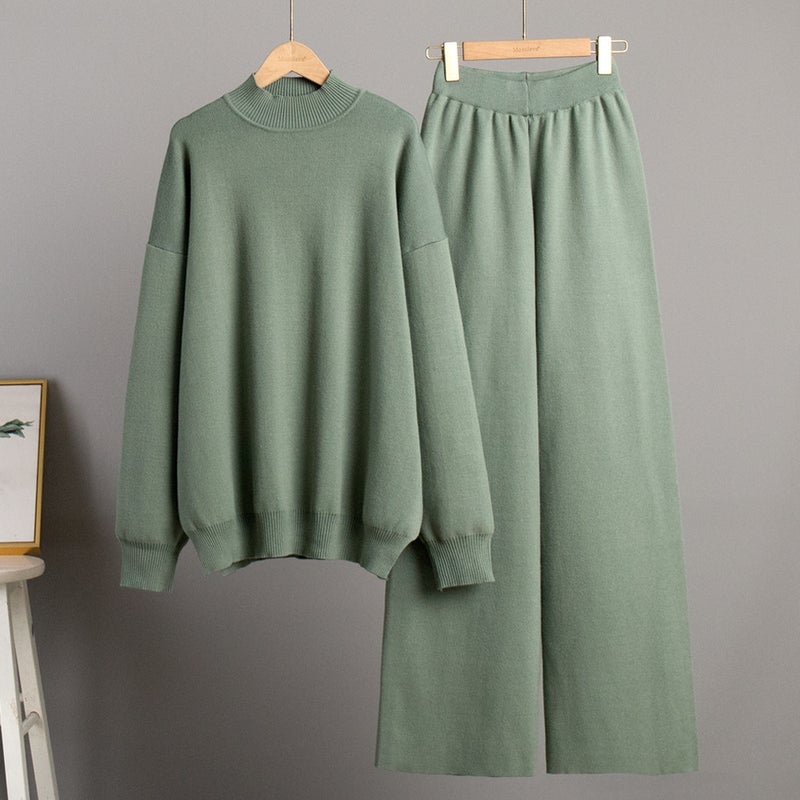 Solid Knit Turtleneck Slit Sweater Set Casual Green