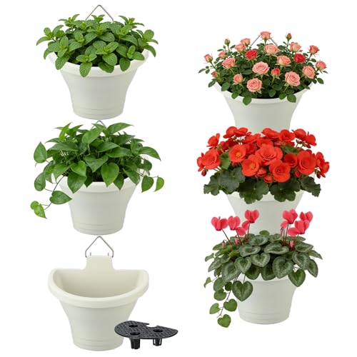 MADHOLLY 6Pcs Vertical Hanging Planters for Outdoor Plants - Wall Plant Holder for Indoor Decorations Garden Fence, Plastic Flower Pots with Drainage Grid and Hooks (White) - Image 1