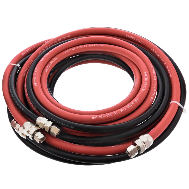 Master Elite Series 25 Foot Air and Fluid Hose Assembly Set with Fittings for Spray Guns Paint Pressure Pot Tanks Professional Heavy Duty  Air 38 NPS 516 ID  Fluid Hose 14 NPS 14 ID