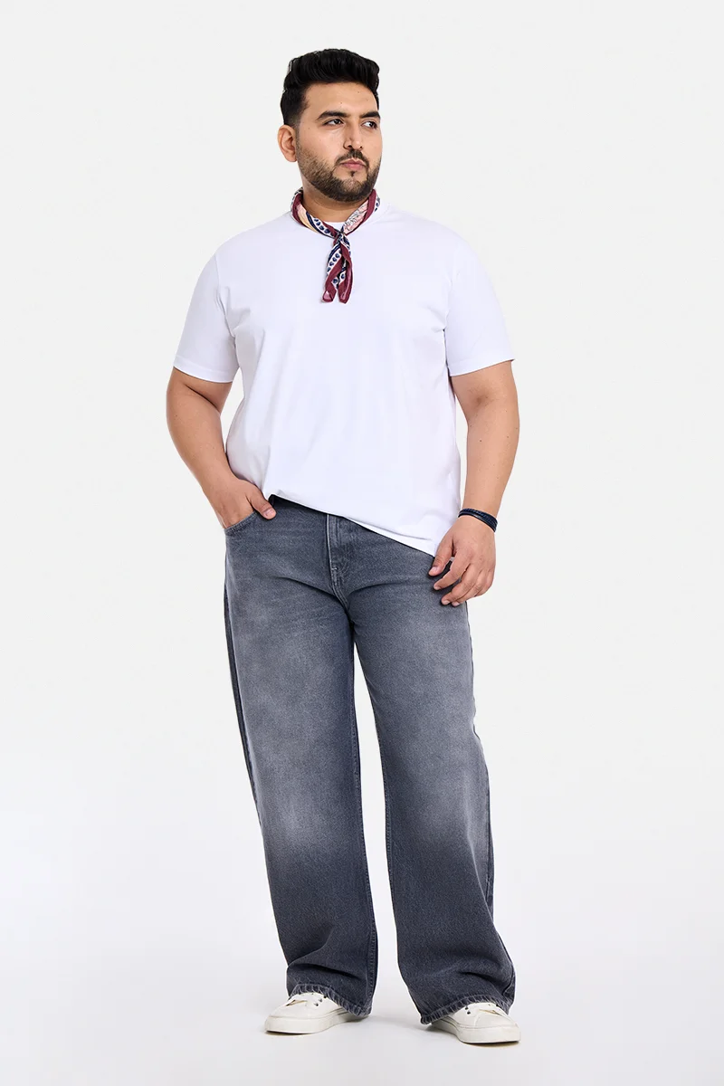 SNITCH White Solid Regular Fit Casual Plus Size T-Shirt