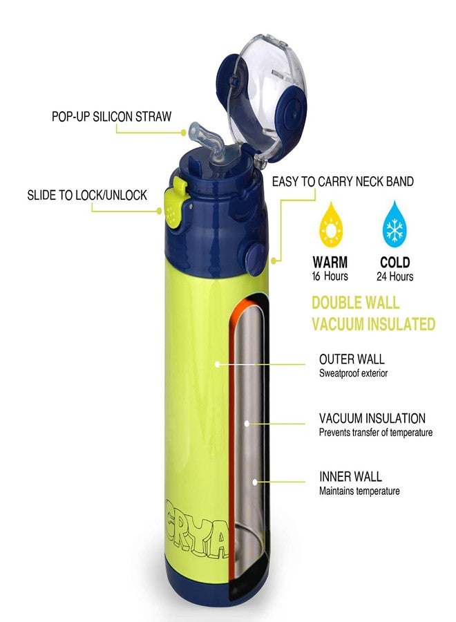 CRYA Kidster Sipper 500ml Stainless Steel Water Bottle for Hot and Cold Beverages for Upto 24 Hours, BPA Free and Leakproof Thermosteel Double Walled Insulated Vacuum Thermos Flask (Neon Green) - Image 2