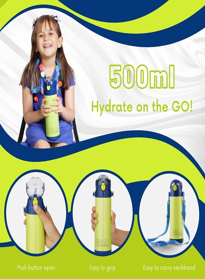 CRYA Kidster Sipper 500ml Stainless Steel Water Bottle for Hot and Cold Beverages for Upto 24 Hours, BPA Free and Leakproof Thermosteel Double Walled Insulated Vacuum Thermos Flask (Neon Green) - Image 4
