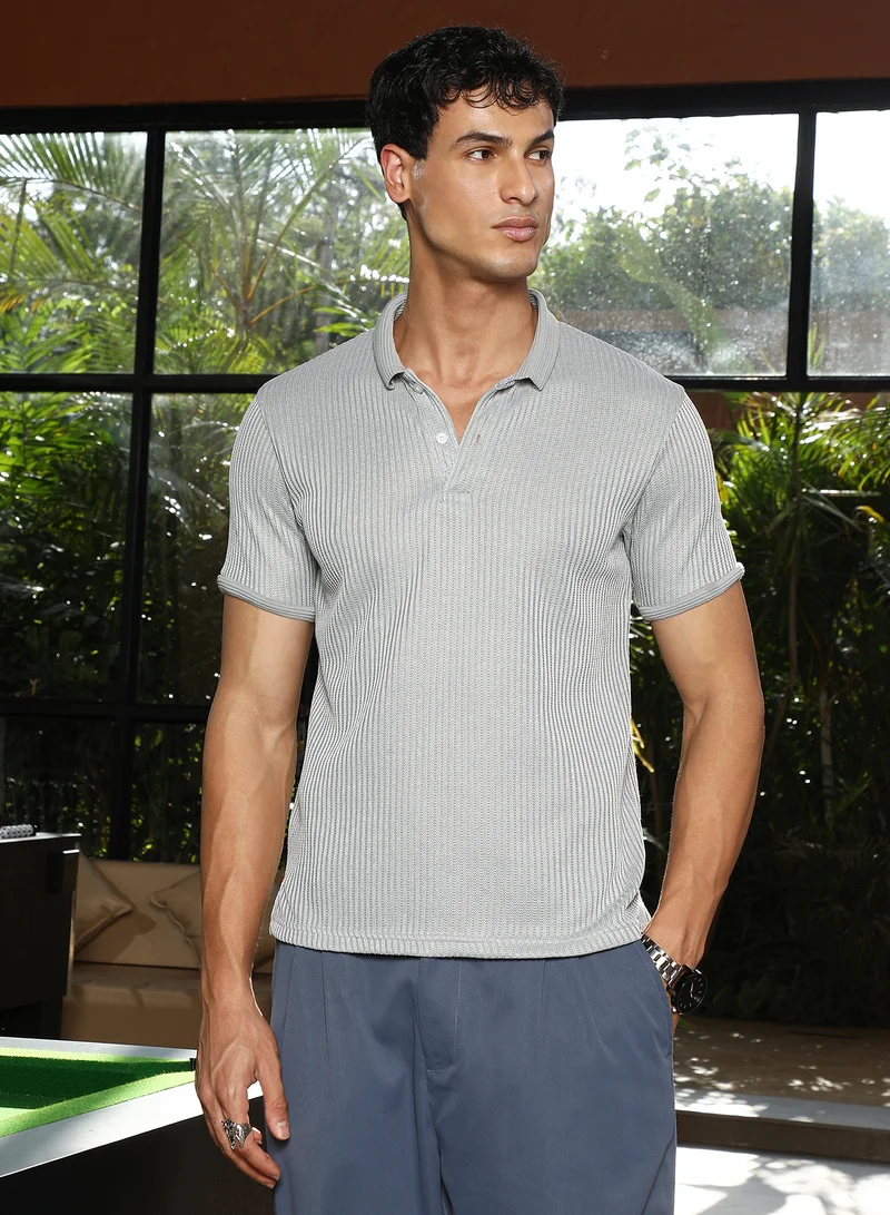كامبوس سوترا تيشيرت بولو رجالي سادة بياقة مضلعة وأكمام قصيرة بفتحة وياقة جاكار.