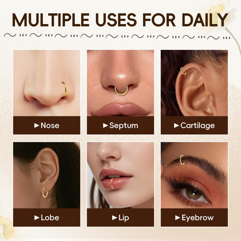 ONESING 10Pcs Gold Nose Ring Hoop 20G Clicker Nose Hoops Hypoallergenic Stainless Steel Nose Piercings Jewelry Gold Nose Jewelry Septum Helix Cartilage Lip Body Piercings for Women Men 7mm 8mm 9mm 10mm 12mm - Image 4
