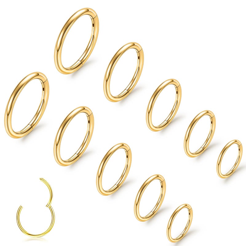ONESING 10Pcs Gold Nose Ring Hoop 20G Clicker Nose Hoops Hypoallergenic Stainless Steel Nose Piercings Jewelry Gold Nose Jewelry Septum Helix Cartilage Lip Body Piercings for Women Men 7mm 8mm 9mm 10mm 12mm - Image 1