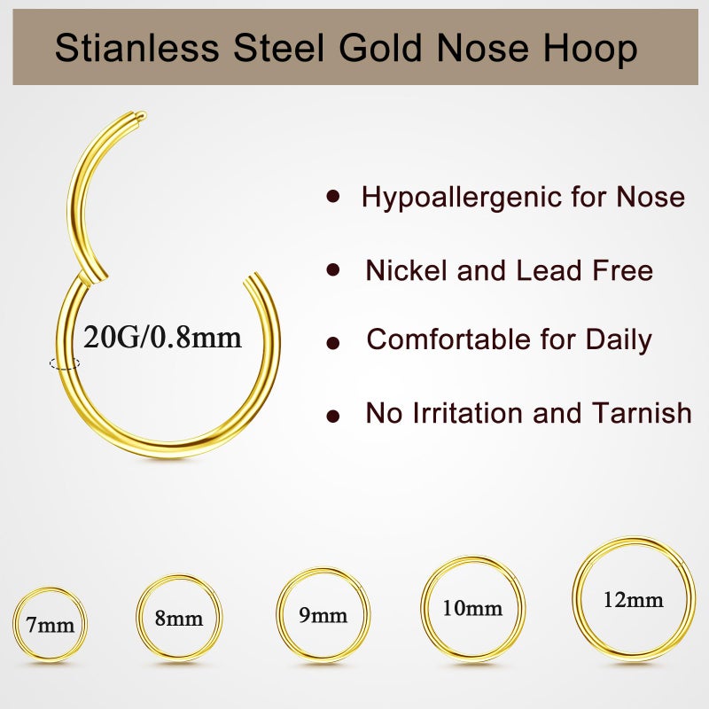 ONESING 10Pcs Gold Nose Ring Hoop 20G Clicker Nose Hoops Hypoallergenic Stainless Steel Nose Piercings Jewelry Gold Nose Jewelry Septum Helix Cartilage Lip Body Piercings for Women Men 7mm 8mm 9mm 10mm 12mm - Image 2