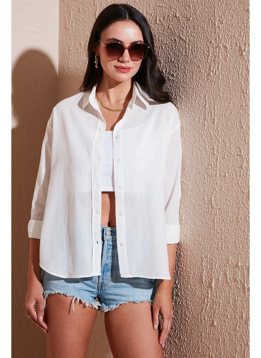 Lela Linen and Cotton Blend Regular Fit Short Front Long Back Shirt Women's Shirt 6772853