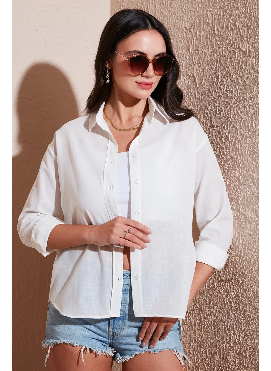 Lela Linen and Cotton Blend Regular Fit Short Front Long Back Shirt Women's Shirt 6772853