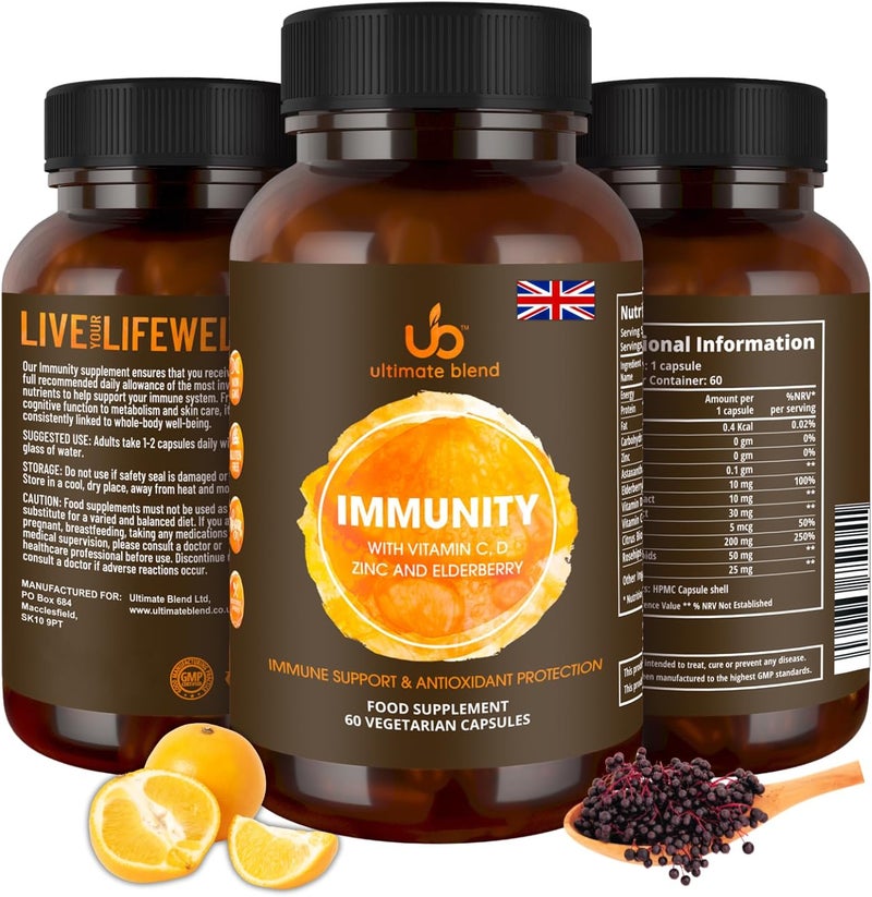 UB Ultimate Blend Immunity with Vitamin C D Zinc and Elderberry Immune Antioxidant Support Boosts Energy Supports Immunity for Healthy Hair Skin Bones 60 Vegan Capsules - Image 1