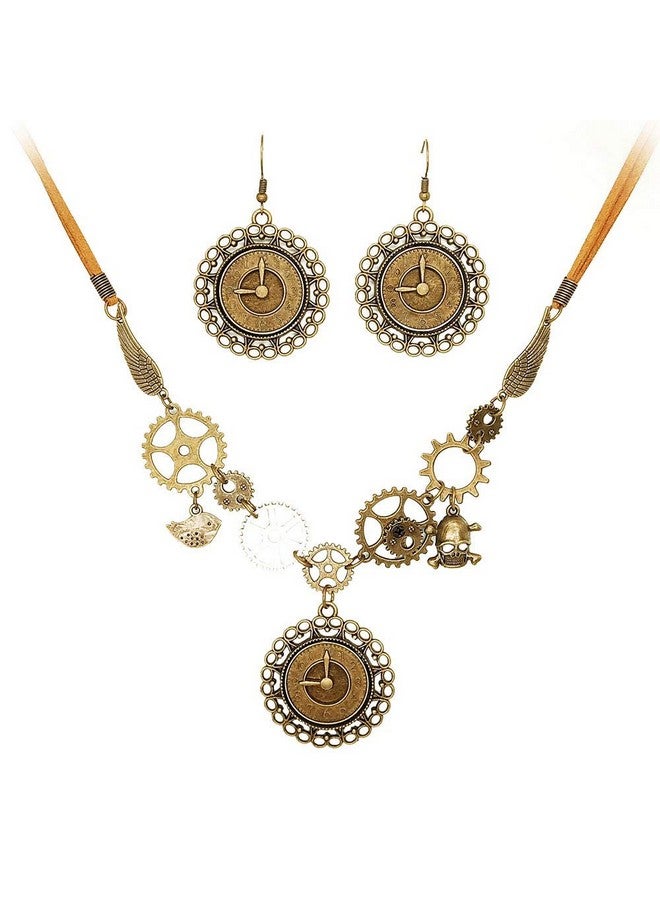 Juland Steampunk Gears Pendant Statement Necklace Vintage Bronze & Silver Watch Clock Clockwork Hand Gear Cog Handmade Kinetic Winged Gear Necklace And Earring Set - Y503 - Image 1