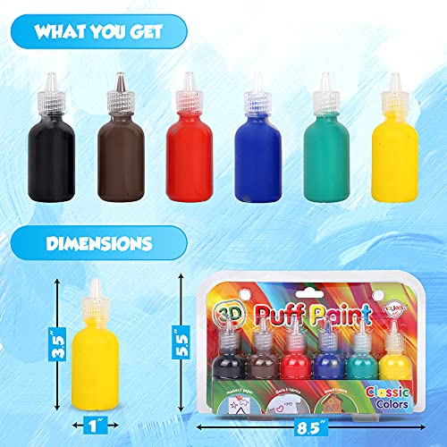 Playkidiz Puffy Paint, 6 Pack 3-D Fabric Paint, Classic Colors, Permanent Non-Toxic Paint Set for Kids, Ages 3+ - Image 2