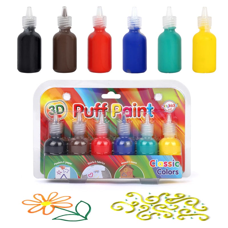 Playkidiz Puffy Paint, 6 Pack 3-D Fabric Paint, Classic Colors, Permanent Non-Toxic Paint Set for Kids, Ages 3+ - Image 5