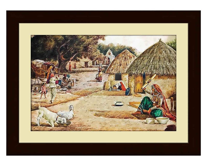 ArtX Paper Indian Village Scene Nature Wall Art Painting wall decor for Living Room Drawing Room Multicolor Nature 24 X 18 inches Set of 1