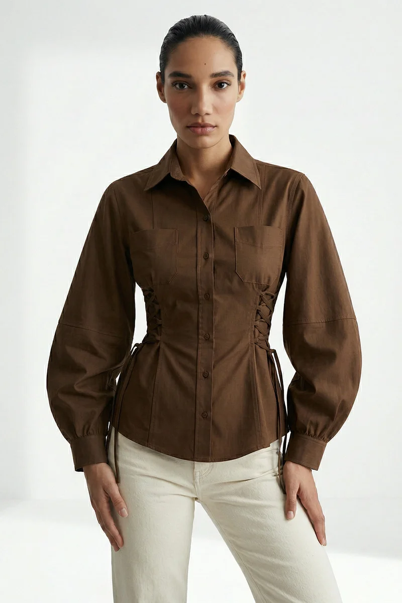 Exquise Shirt Collar Balloon Sleeves Fitted Waist Regular Brown Shirt