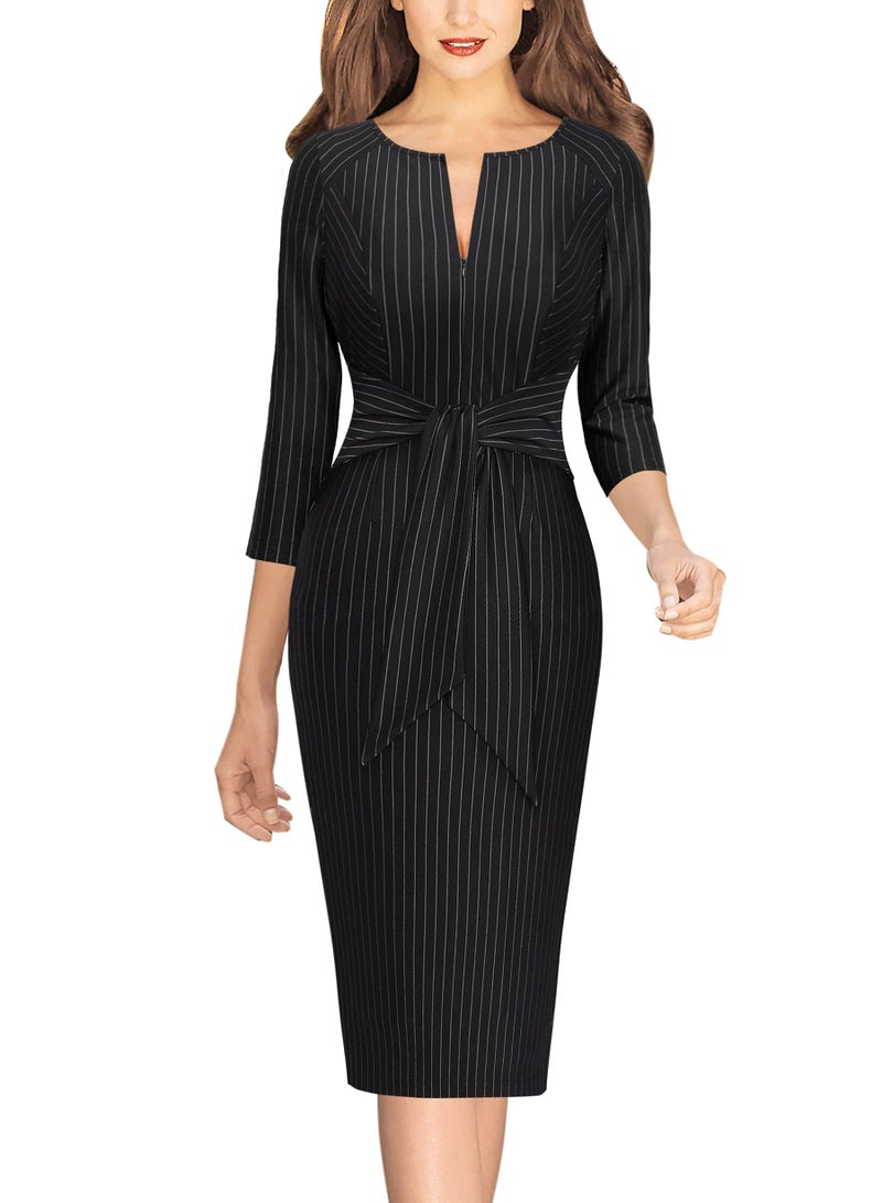 VFSHOW Womens Black and White Striped Front Zipper Tie Waist Bow Slim Work Business Office Party Bodycon Pencil Sheath Dress 7797 BLK XXL - Image 3