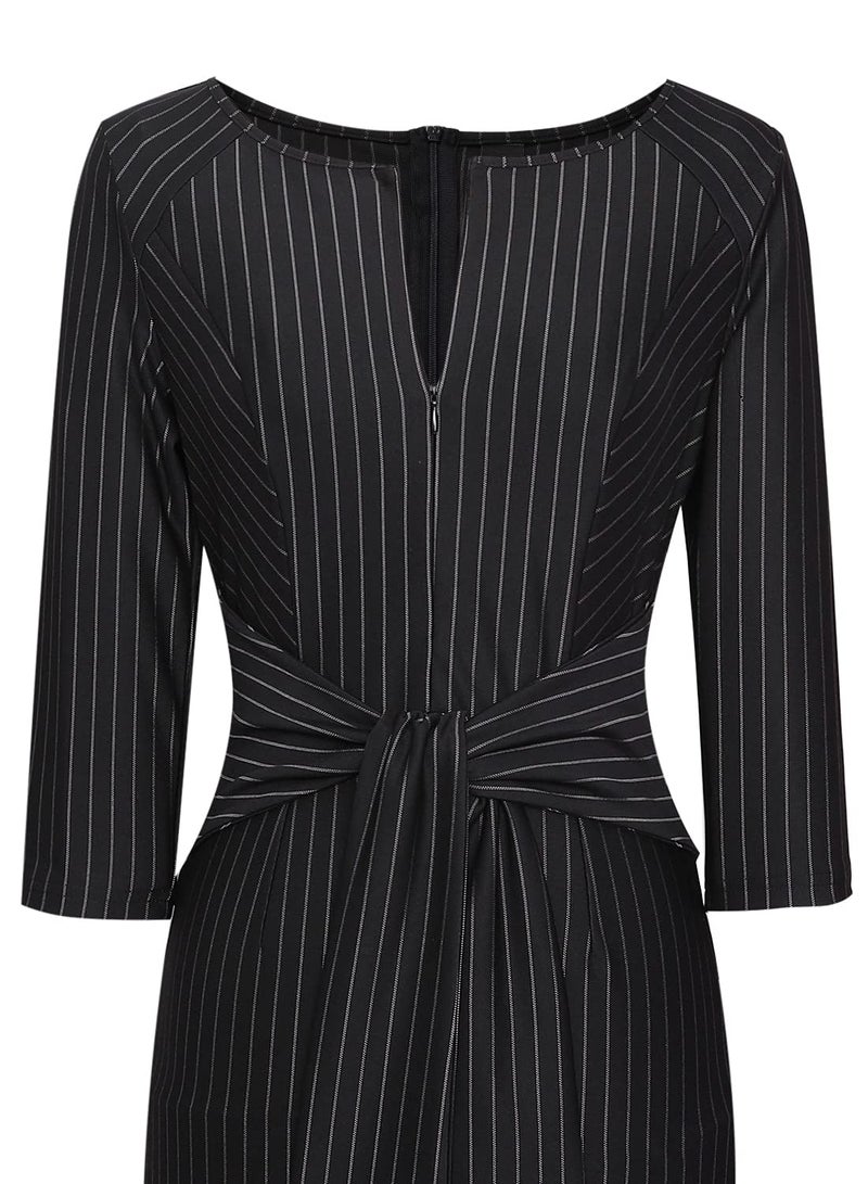 VFSHOW Womens Black and White Striped Front Zipper Tie Waist Bow Slim Work Business Office Party Bodycon Pencil Sheath Dress 7797 BLK XXL - Image 4