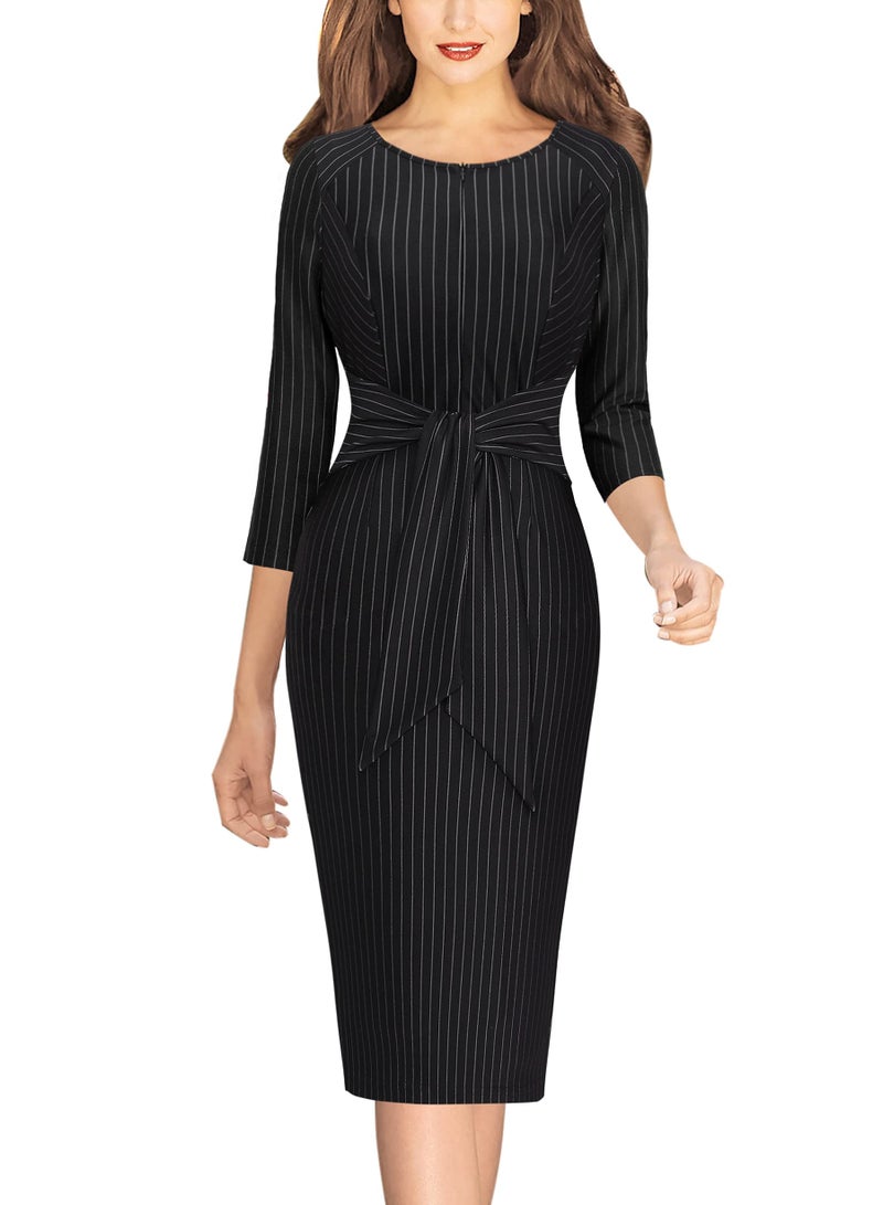 VFSHOW Womens Black and White Striped Front Zipper Tie Waist Bow Slim Work Business Office Party Bodycon Pencil Sheath Dress 7797 BLK XXL - Image 5