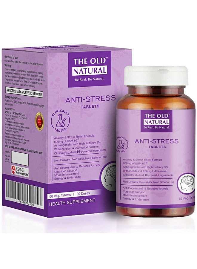 The Old Natural The Old Natural Anti Stress Tablets - Ashwagandha Ksm 66 Extract, L-Theanine, Brahmi, Chamomile Combination For Relieving Stress, - 60 Veg. Capsules (Pack of 1) (Pack of 1)  - Image 1
